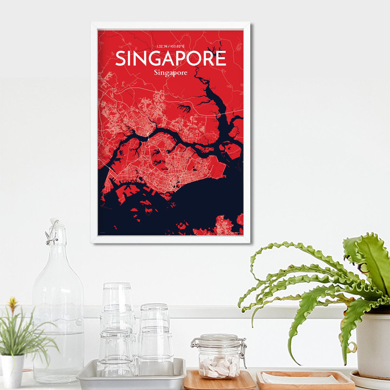 Carte de la ville de Singapour, impression, Rouge / Bleu marine, H 27,6 po x l 19,7 po