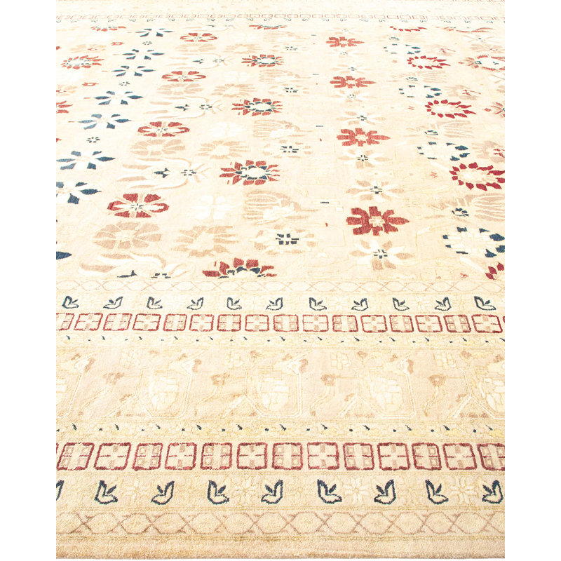 Ivory Hand-Knotted Wool 9' x 12' Rectangular Area Rug
