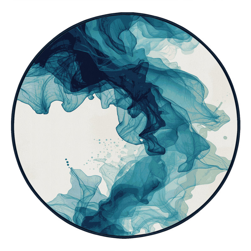 Machine Washable Bemott Modern & Contemporary Abstract Rug in Green – Navy Binding, 6' Round