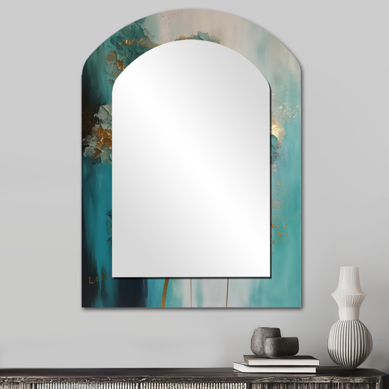 Hydrangea Flower Blossoming Gold Retro Teal Gold - Grand miroir mural arqué sur métal, 34 po x 25 po