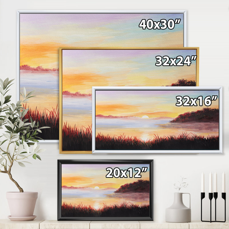Sur le lac avec les roseaux - Peinture sur toile, H 30 po x l 40 po x 1,5 po, Cadre flottant noir