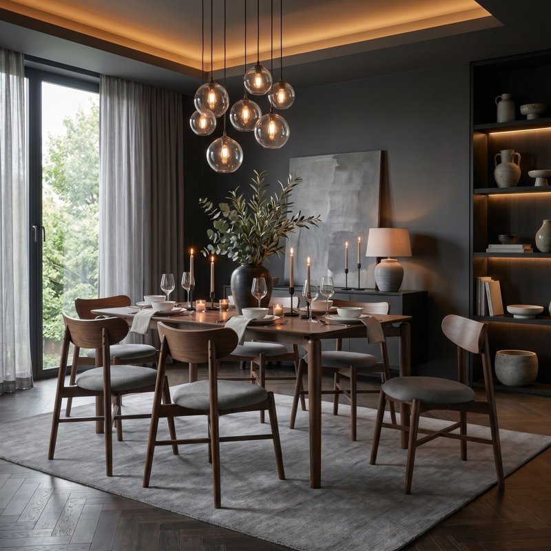 Solid Wood Upholstered Dining Set, Walnut, 6