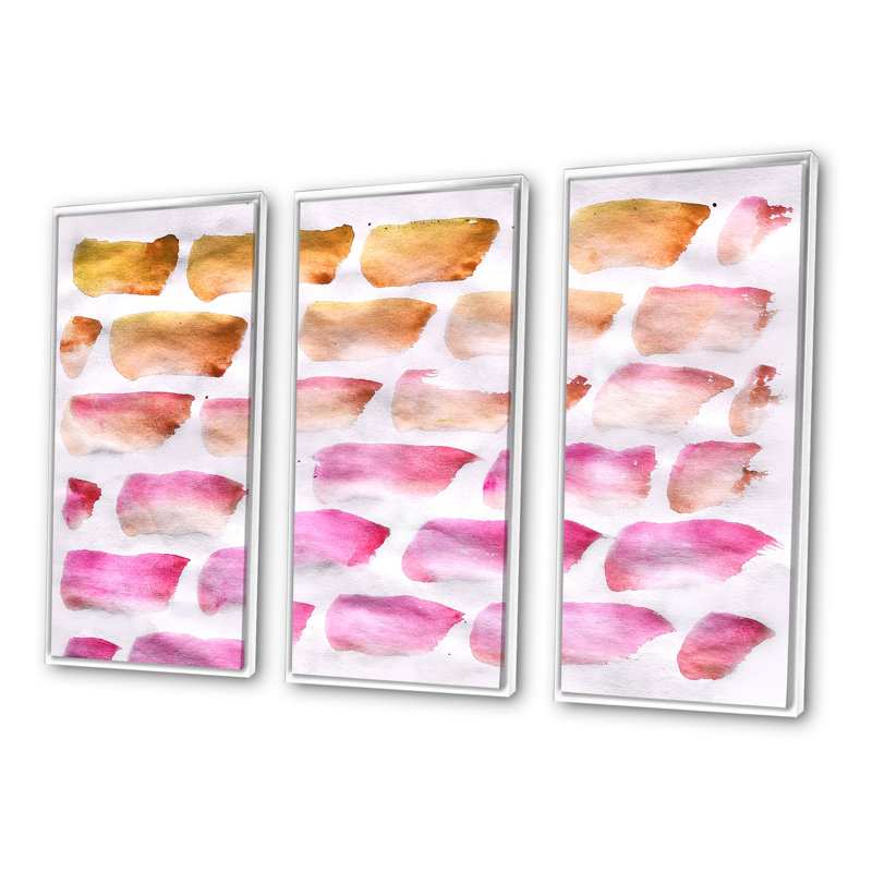 «Pink and Dark Yellow Abstracts Brushes», peinture sur toile 3 pièces, Blanc, H 32 po x l 48 po x P 1 po