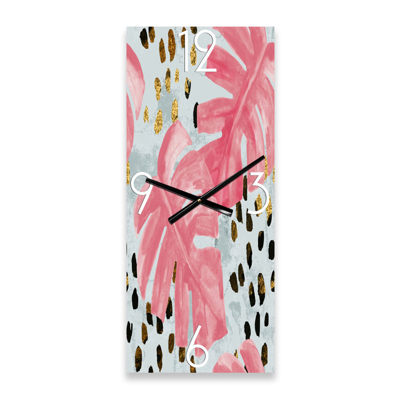 Horloge murale tropicale rose Monstera sur coups de pinceau rugueux II, Grand