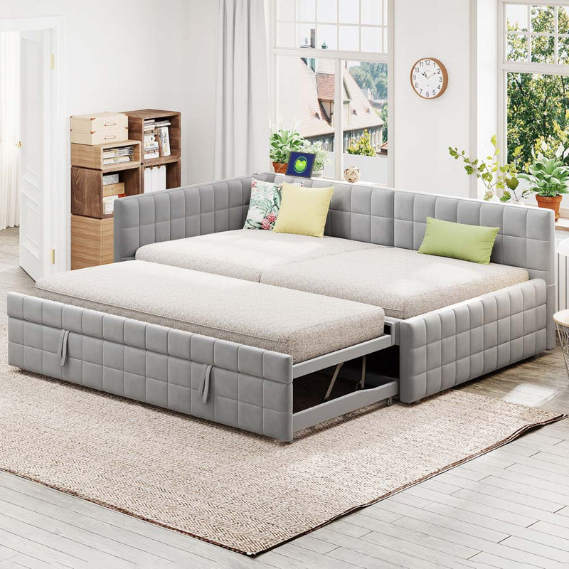 Upholstered L-Shaped Daybed with Pop Up Trundle and USB ports, Gray