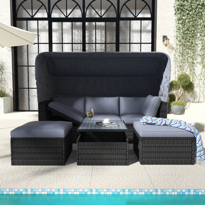 82.7" Wicker Outdoor Patio Daybed With Retractable Canopy