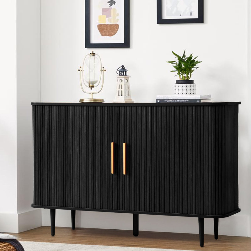 47" Sideboard Buffet Cabinet with Storage Cabinet with Tambour Slide Doors&Shelves, Fluted Storage Cabinet with Curvy Edge, Accent Console Buffet Cabinet,