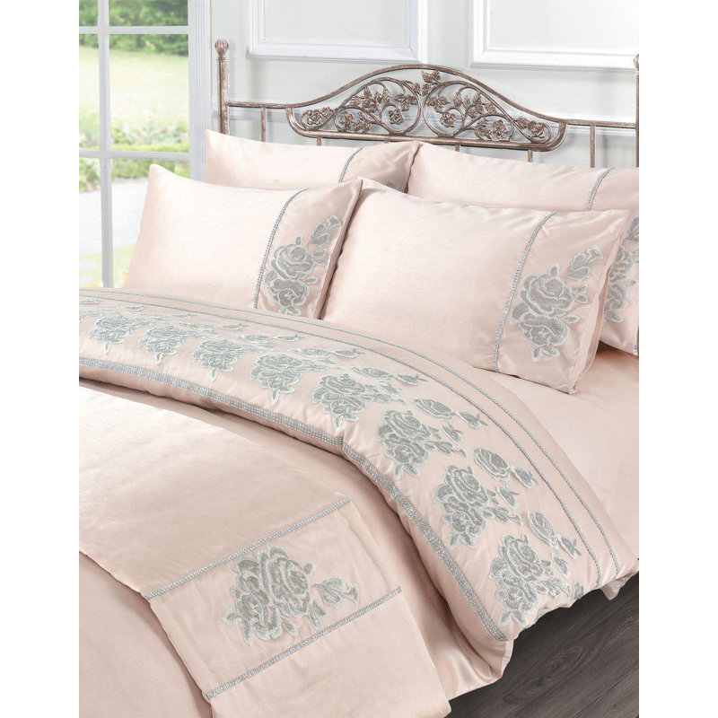 Amara Embroidered Duvet Cover Set With Pillowcases Bedding Set, Pink, Double  Duvet Cover +2  Standard Pillowcases