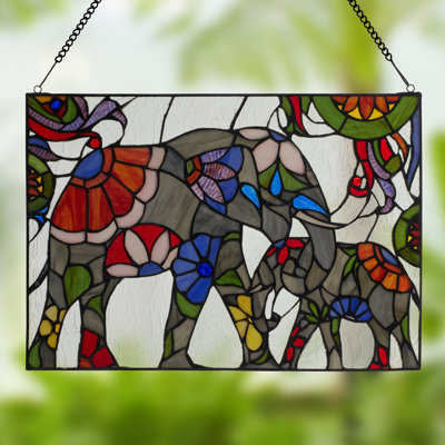 20"W Mother And Baby Elephant Stained Glass Window Panel - River Of Goods