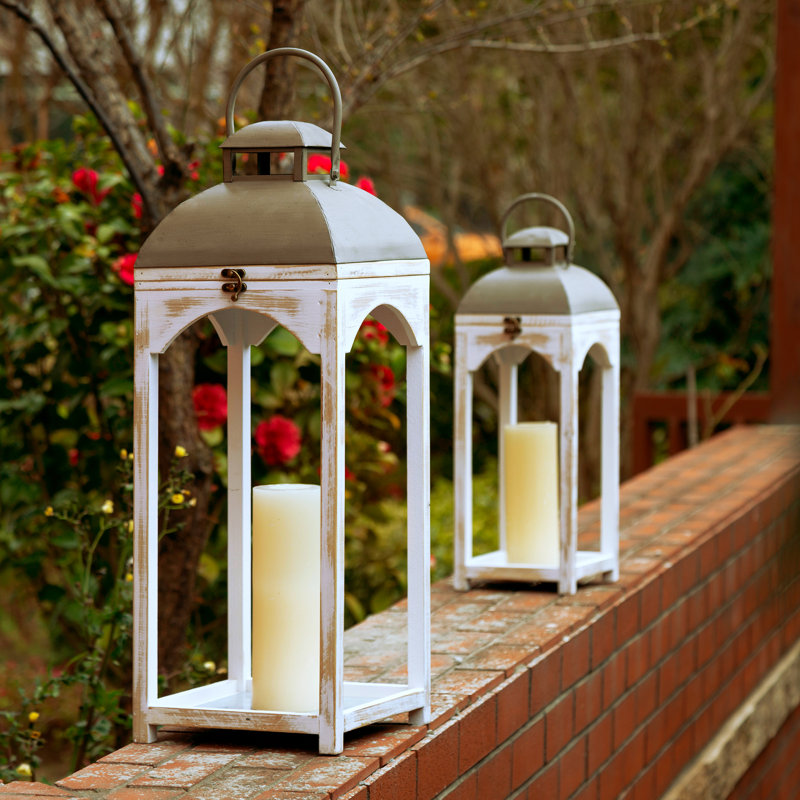 Medders 2 Piece Wood Tabletop Lantern Set, White