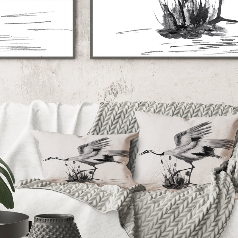 Oiseau grue japonais - Coussin décoratif à imprimé traditionnel