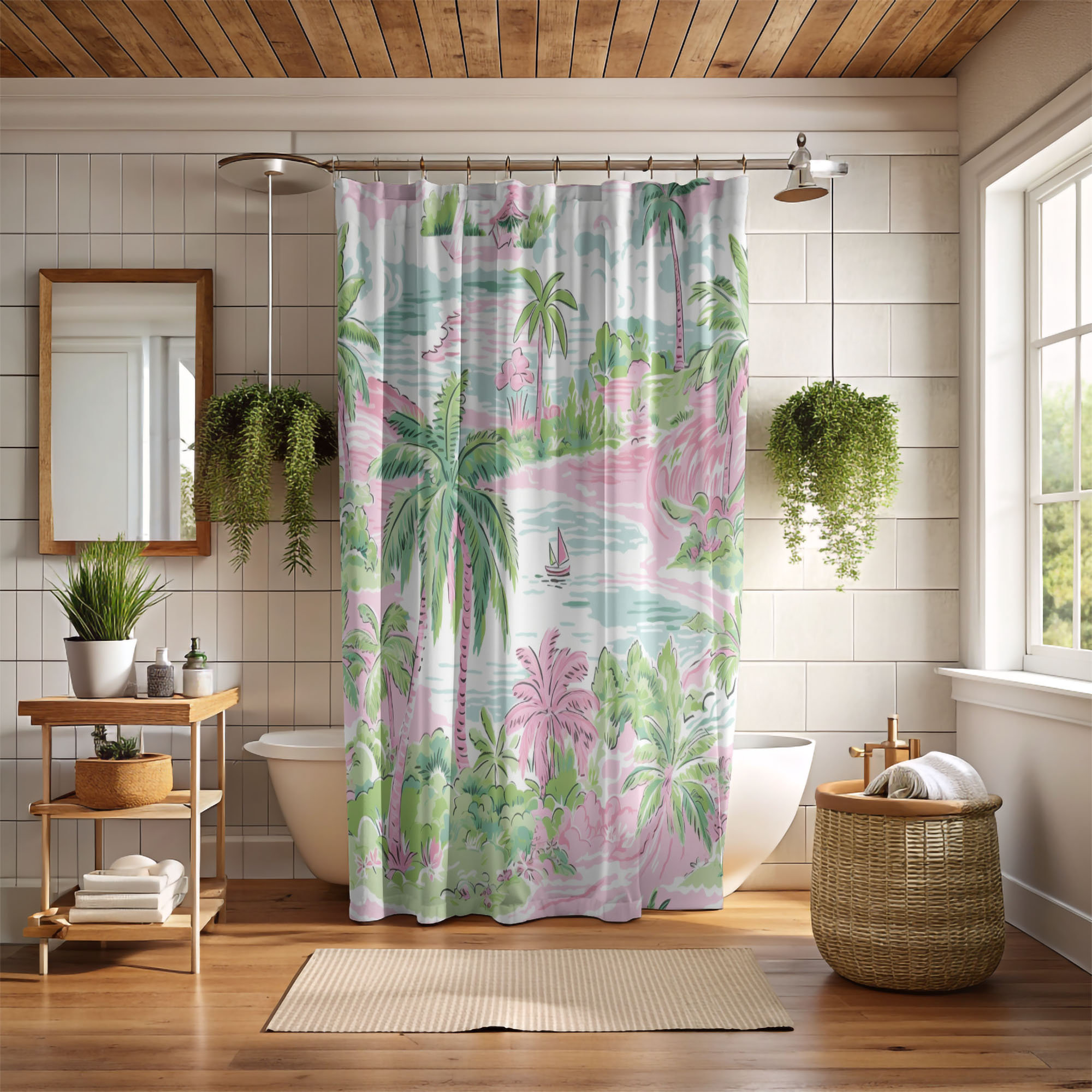 East Urban Home Preppy Palm Leaves - 1 Piece Standard Shower Curtain