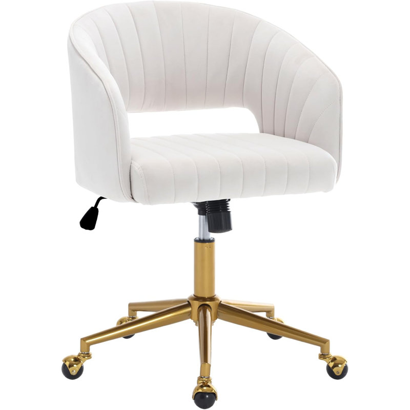 Velvet Desk Chair with Wheels, Home Office Swivel Armchair with Gold Base, Back Incline Adjustable for Vanity Make-up