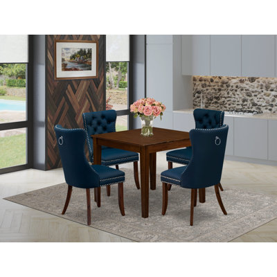 5 Piece Modern Dining Table Set Contains a Square Kitchen Table and 4 Polyester Fabric Upholstered Parson Chairs, Antique Walnut