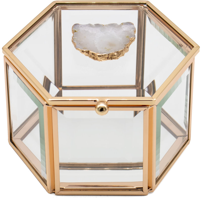 Hexagon Glass Jewellery Box in Gold with Agate Crystal
