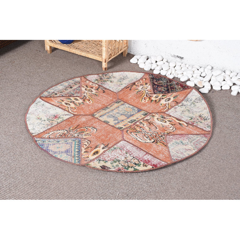 Tapis orange en laine, tapis luxueux, tapis turcs, petit tapis 3,4 x 3,3 pi, tapis Boho, tapis rétro