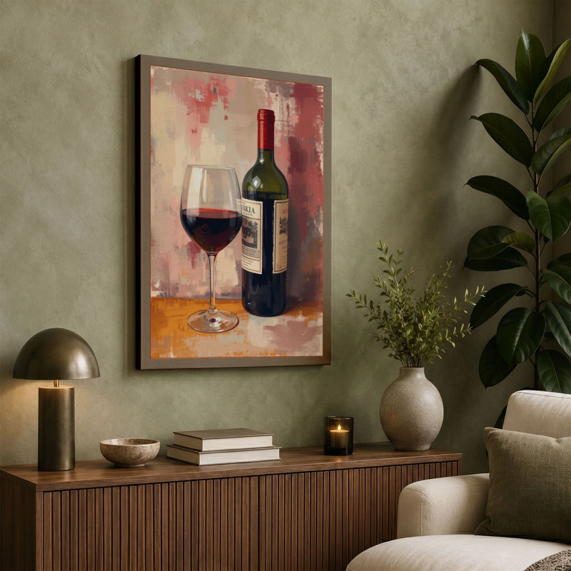Wine & Glass Boho 1 Piece Wrapped Canvas Wall Art, 18x12 - 45.7 x 30.5 cm, Cream Border