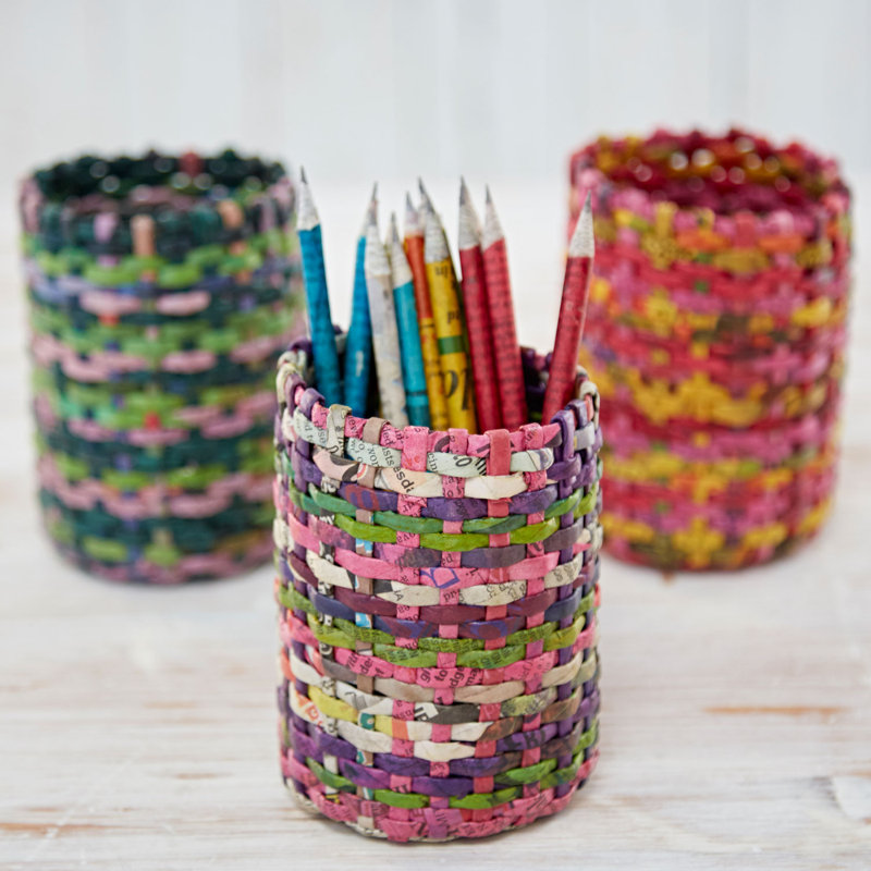 Round Recycled Newspaper Pencil Holder, Natural/Green/Pink/Purple