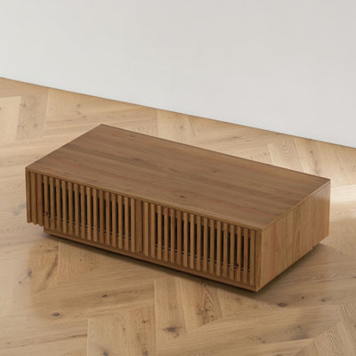 Table basse rectangulaire, 4 compartiments de rangement cachés, placage d'acacia, panneaux de lattes en pin, salon Mid-Century moderne, salon