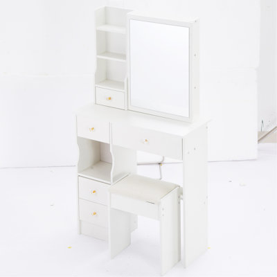 29.2" Small Space Left Drawer Desktop Vanity Table + Cushioned Stool, Extra Large Right Sliding Mirror, Multi Layer High Capacity Storage, Practical Fashionable Dresser, Suitable For Small Space