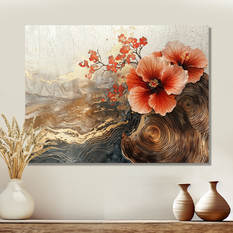Fleurs d'hibiscus sur un horizon en bois I - Décoration murale en métal hibiscus, H 30 po x l 40 po