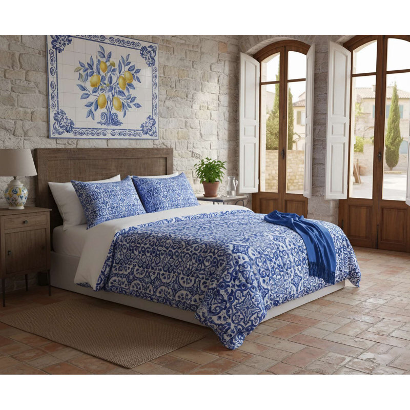King Quilt Cover Set, Dark Blue & White, 102.4 x 86.6 inches | 70% Cotton / 30% Polyester, 145 Thread Count | Includes 2 Pillowcases (23.6 x 23.6 inches) | Machine Washable, Stylish & Comfortable Bedding Set