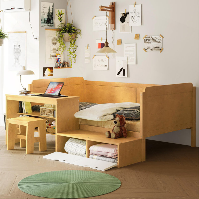 Lit de jour simple en bois avec tablettes de rangement et casiers, lit multifonctionnel avec bureau d'étude et tabouret assorti