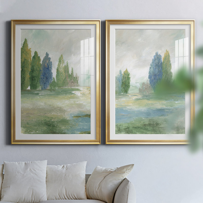 Jeweled Valley I - Ensemble de 2 reproductions d'art, H 22,5 po x l 61 po, Impression encadrée avec passe-partout, Doré