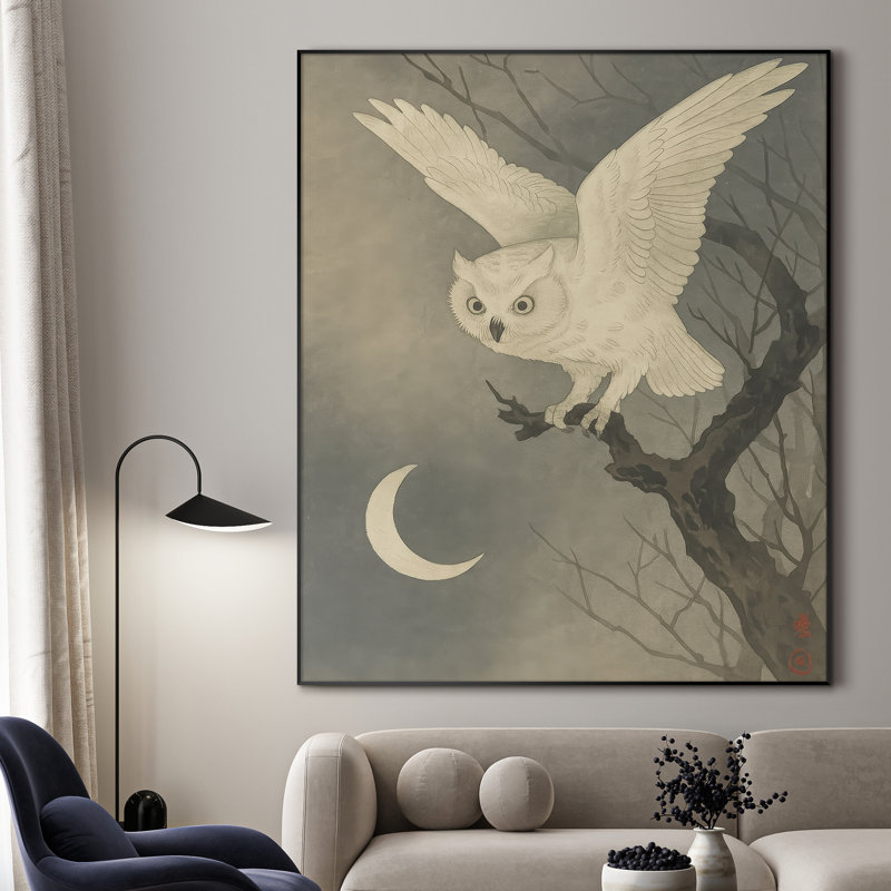 «Snowy White Owl and Crescent Moon Night», reproduction d'art sur toile encadrée - Très grand art mural encadré (assemblage requis)