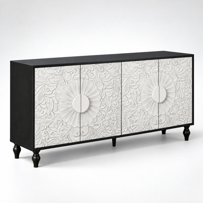 Buffet/meuble d'appoint vintage à portes facettées sculptées et assemblées, étagères réglables, passe-câbles et structure robuste