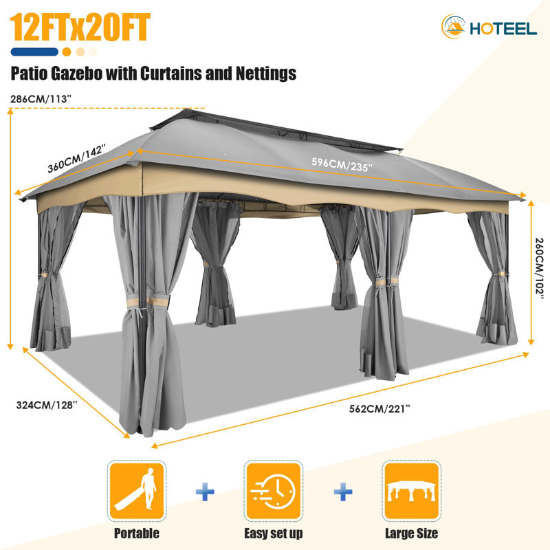Pavillon de jardin 12 x 20 avec rideaux et filets, Gris