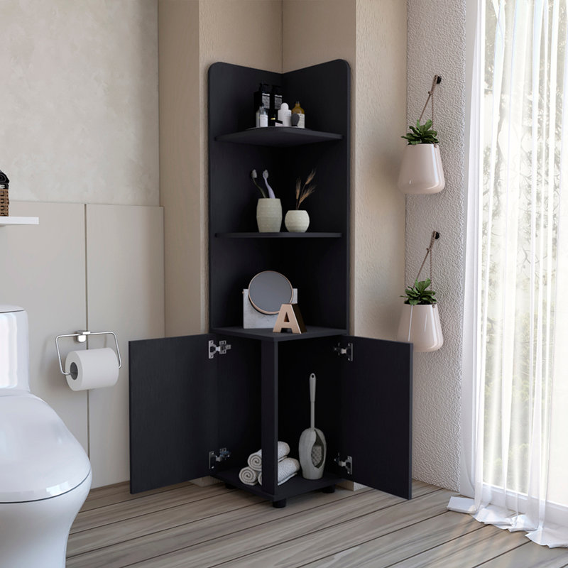 Armoire à linge autoportante, 2 portes, tablettes ouvertes, H 63 po x l 15 po x P 15 po, Noir