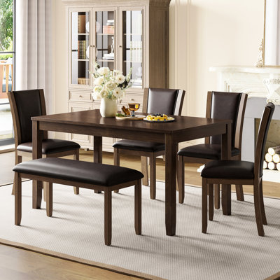 Rustic Dark Walnut 6 Dining For Kitchen, Table, Bench, Chairs 6, Includes