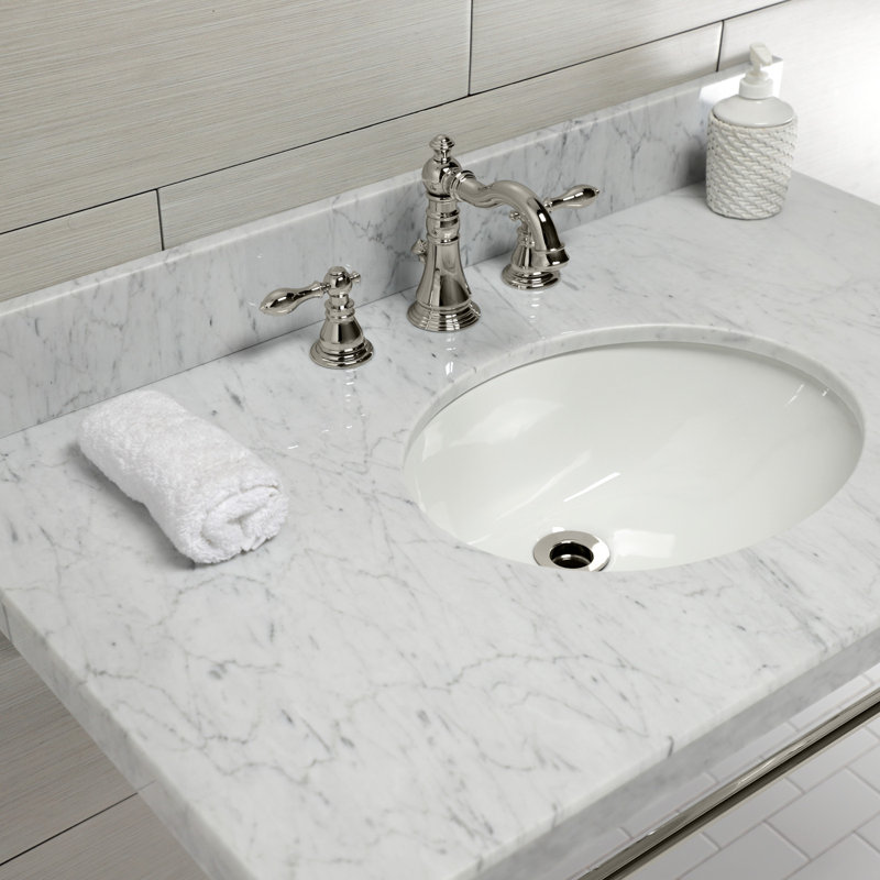 Edwardian Ceramic Rectangular Console Bathroom Sink with Overflow, Marble White/Polished Nickel