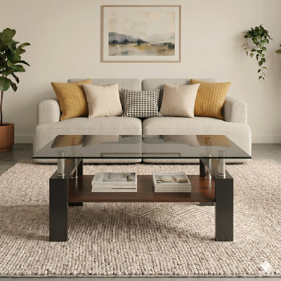 Table basse rectangulaire avec plateau de rangement en verre trempé et panneau de fibres à densité moyenne Fraiya