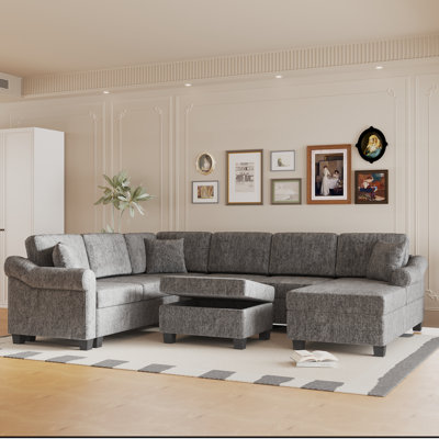 Sectional Sofa U-shaped Sofa Chenille Upholstered Sofa Couch With Movable Storage Ottoman For Living Room