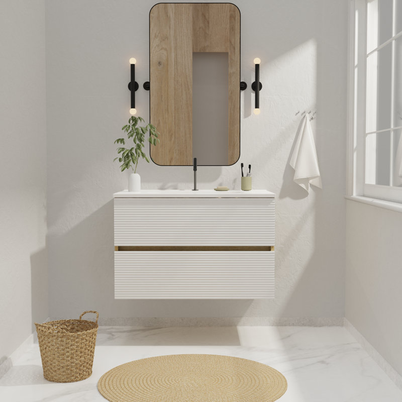 Meuble-lavabo simple 30 po avec comptoir pré-assemblé, Blanc neige / chêne naturel