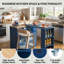 Îlot de cuisine bleu marine roulant avec table allongée, lumières DEL, prises de courant et 2 portes en verre cannelé-129888252