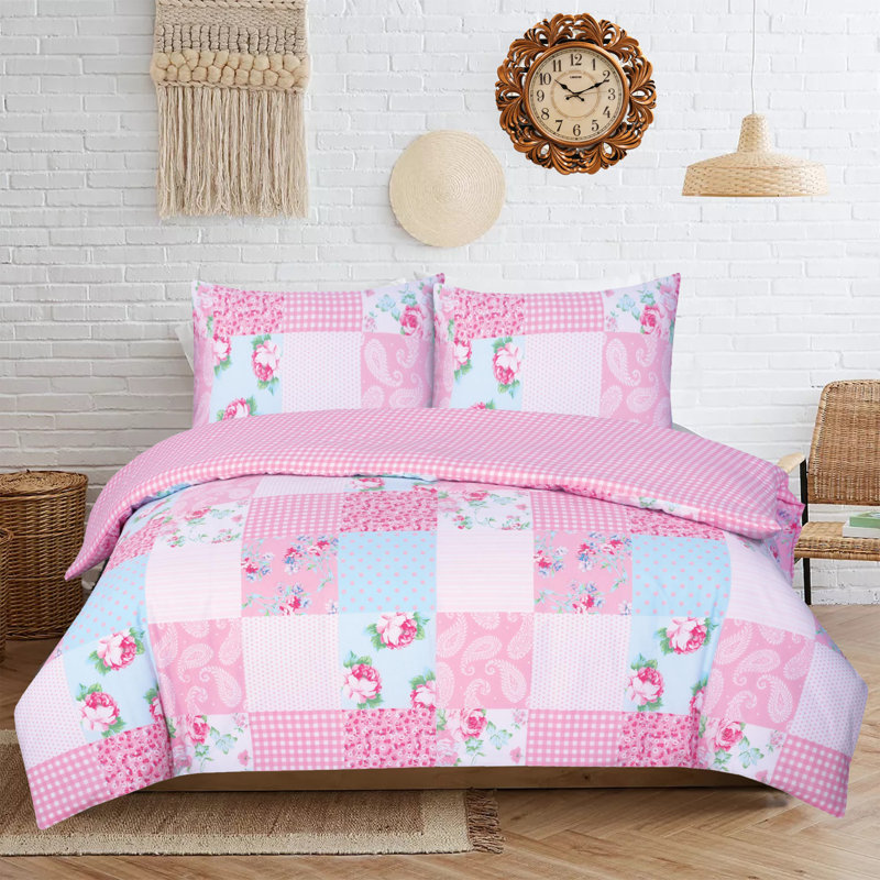 Morticia Cotton Blend Patchwork Duvet Cover Set with Pillowcases, Single - 1 Standard Pillowcase, Pink