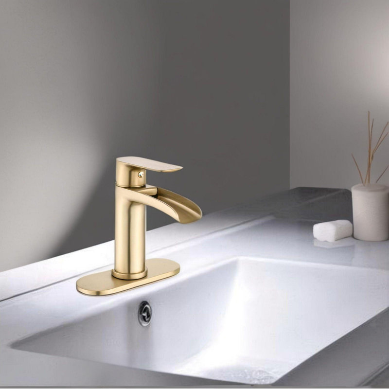 Waterfall Single Handle Bathroom Sink Faucets With Pop Up Drain, Brushed Gold