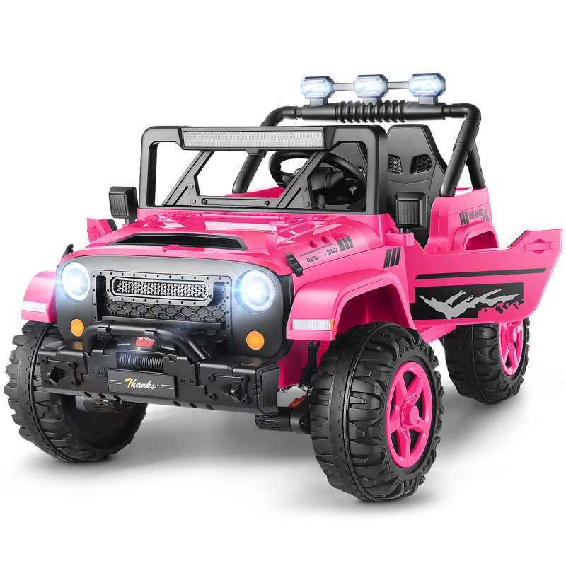 Alex 24V 4WD/2WD Ride On Jeep Truck,Real 2 Seater Kids UTV With 4X200w Powerful Engine,Remote Control,Bluetooth,20 Wide Seat,Vehicles for Kids Toddlers, Rose Red