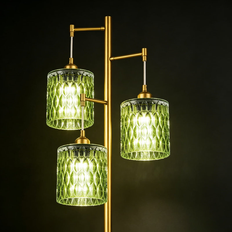68" Mid-Century Modern Gold Tree Floor Lamp with 3 Adjustable Green Glass Shades - Vintage Standing Lamp with 800LM LED Bulbs for Living Room, Bedroom & Office