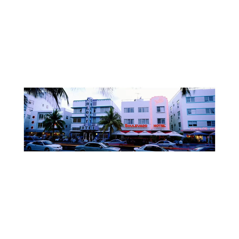 Traffic on Road in Front of Hotels, Ocean Drive, Miami, Florida, USA 1 Piece Wrapped Canvas Panoramic Wall Art