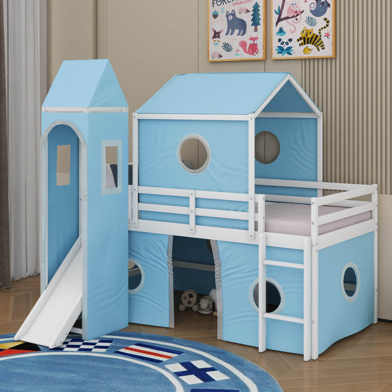 Lit mezzanine simple avec glissade et tour, Bleu