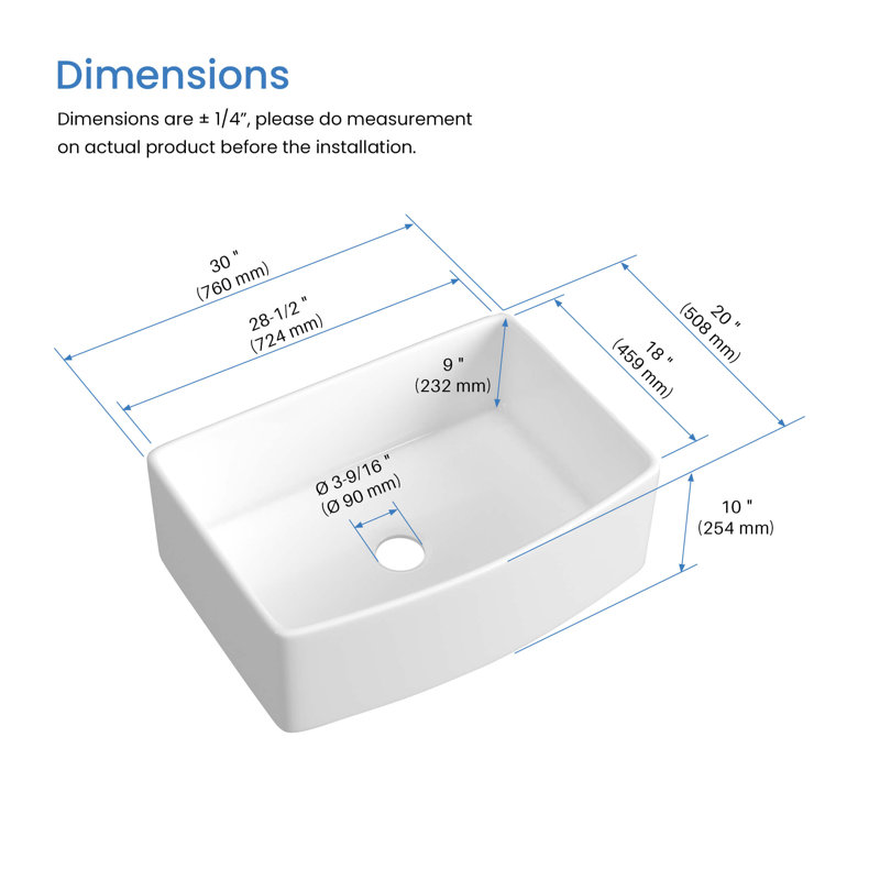 Pure 30" W Single Bowl Fireclay Farmhouse Kitchen Sink Curve Apron