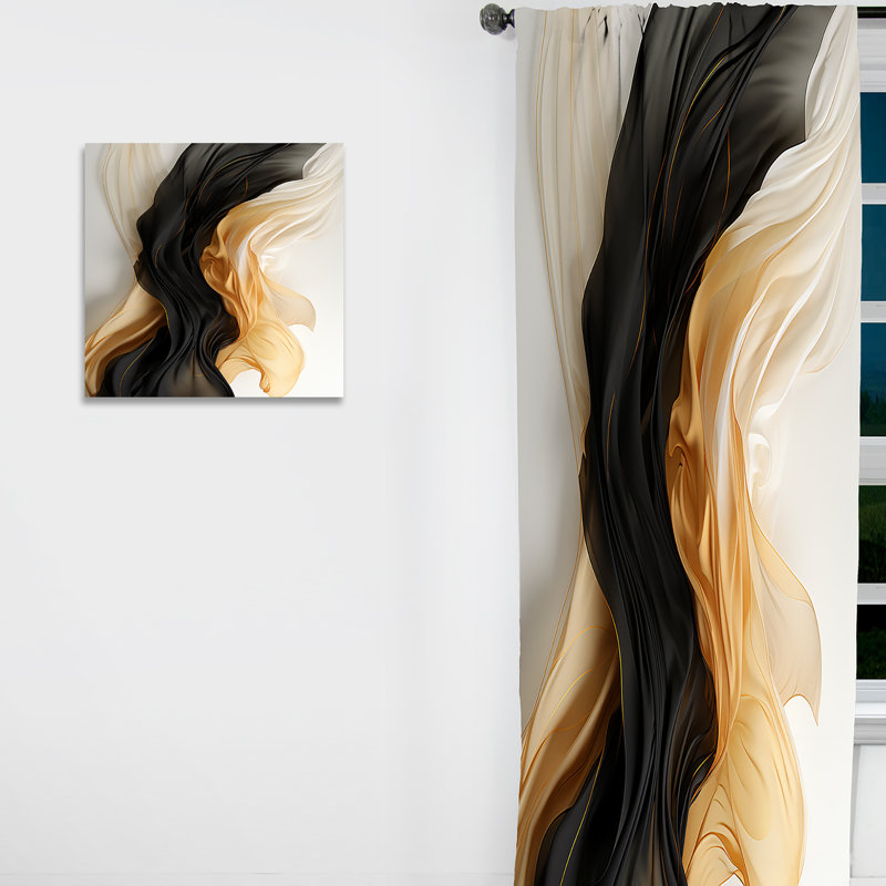 Gold And Black Soft Wave Fusion I - Modern Velvet Curtain - Room Darkening - 1 panel, 52" W x 108" L