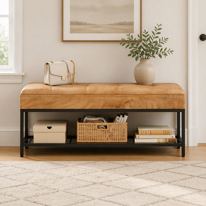 Banc à chaussures 55 po avec coussin, banc d'entrée à 2 niveaux avec structure en métal