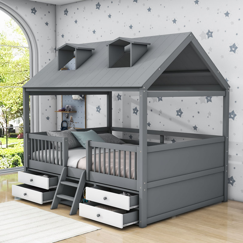 Lit mezzanine en bois avec 4 tiroirs et toit Milinocket, Double, gris