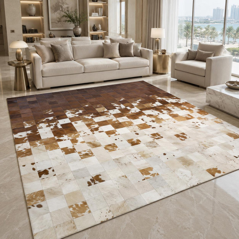 Tapis en cuir de vache patchwork fait à la main, tapis en cuir véritable, décor de salon dégradé beige brun, 6 x 9 ft