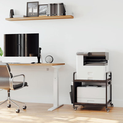 Support d'imprimante à hauteur réglable avec prises de courant intégrées et ports USB, chariot d'imprimante mobile robuste avec rangement et roulettes pour le bureau à domicile
